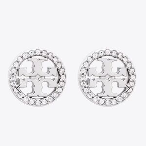 Tory Burch Pavé Embellished Silver Logo Circle Stud Earrings
